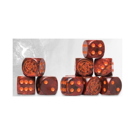 Dweghom Logo on Red Marbled Dice with Orange Pips - 24 per pack