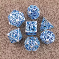 Sets de des creux en métal 7 dès Argenté et bleu (D4, D6, D8, D10, D%, D12, D20 )