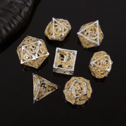 Sets de des creux en métal 7 dès Argenté et jaune (D4, D6, D8, D10, D%, D12, D20 )