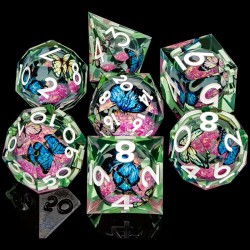 Blister kit de 7 des en resine avec papillon vert translucide centre liquide a paillettes rose ,print blanc