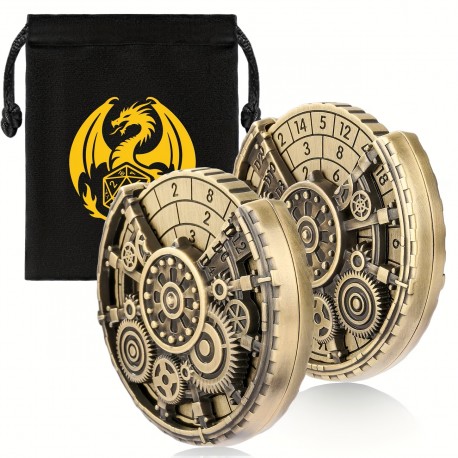 Blister dé rotatif 6 en 1 ,d20 d12 d10 d8 d6 d4 , Métal , couleur bronze , type engrenage steampunk