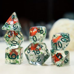 Blister kit de 7 des transparent champignon incrusté , print vert