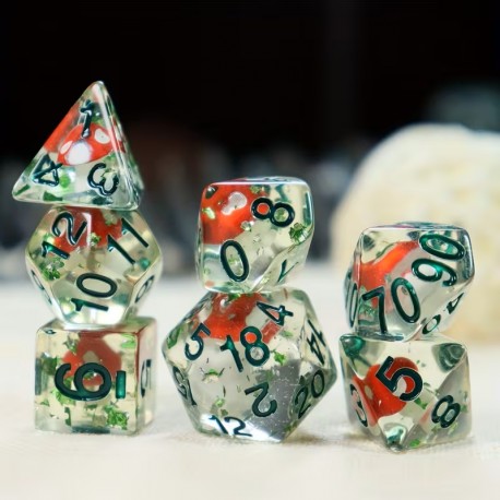 Blister kit de 7 des transparent champignon incrusté , print vert