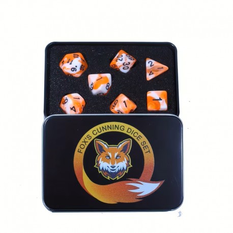 Set de 7 dés Renard orange blanc , print noir dans boîte metallique thématisée