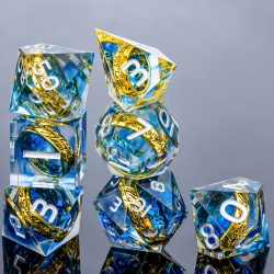 Blister de 7 dés Résine Anneau doré blanc bleu transparent , print argenté