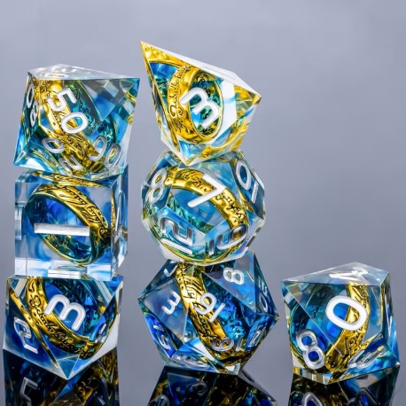 Blister de 7 dés Résine Anneau doré blanc bleu transparent , print argenté