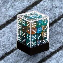 Boîte de 36 d6 de 12 mm, dés vert marron paillettes bleu , print blanc