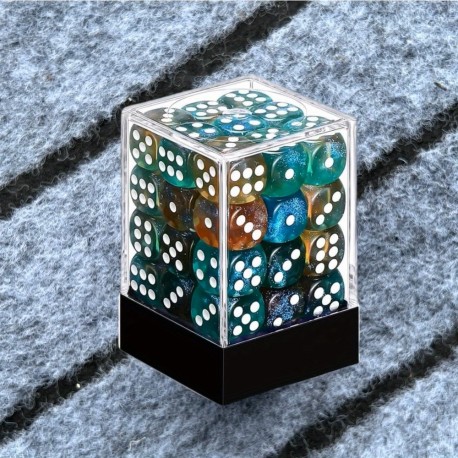 Boîte de 36 d6 de 12 mm, dés vert marron paillettes bleu , print blanc
