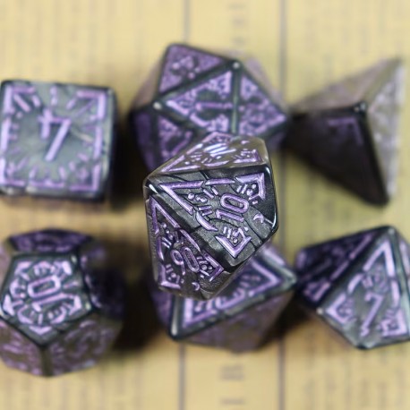 Blister de 7 dés Rayons Noir , print violet
