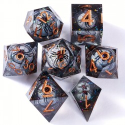 Blister de 7 dés , Résine Araignée rouge noir mouvante ,dans gemme noire , print bronze