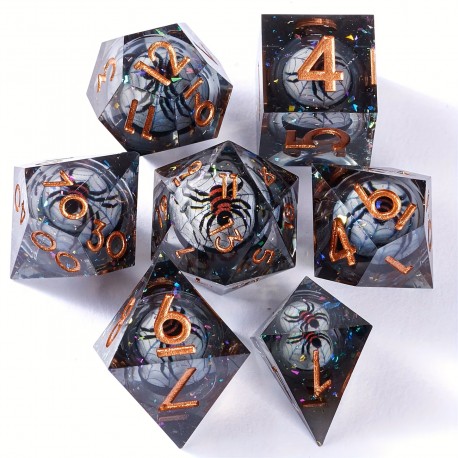 Blister de 7 dés , Résine Araignée rouge noir mouvante ,dans gemme noire , print bronze