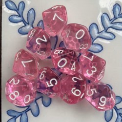 blister kit de 10 dés 10 transqlucides roses , print blanc