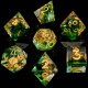 Blister de 7 dés , Résine anneau doré blanc vert transparent, print or