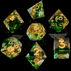 Blister de 7 dés , Résine anneau doré blanc vert transparent, print or