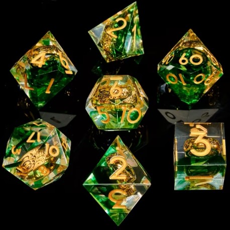 Blister de 7 dés , Résine anneau doré blanc vert transparent, print or