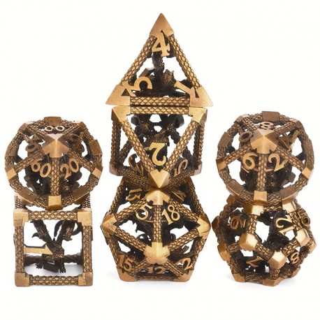 kit de 7 dés métalliques creux , doré Dragon à l'intérieur