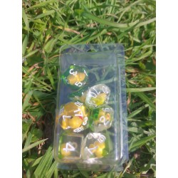 Blister kit de 7 des, Canard transparent translucide vert , print blanc