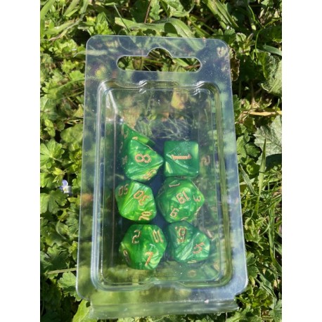 set de 7 dés pearl bleu turquoise écriture gothique encre dorée