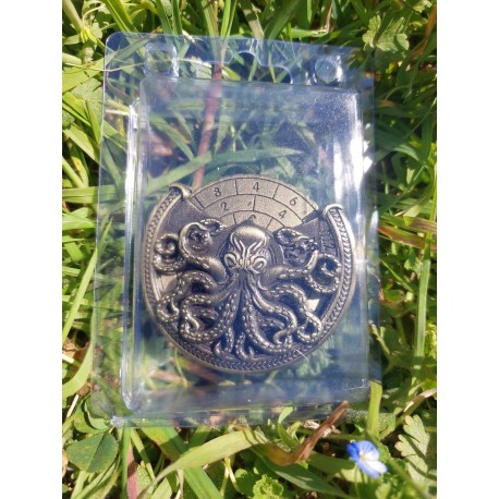 Blister dé rotatif 6 en 1 ,d20 d12 d10 d8 d6 d4 , Métal , couleur bronze , type cthulhu