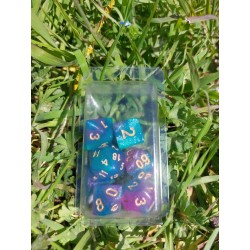 set de 7 dés Star Paillette mauve turquoise encre or