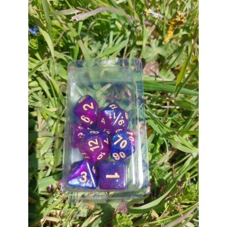 set de 7 dés Star Paillette mauve bleu roi encre or