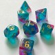 set de 7 dés Star Paillette mauve vert-bleu écriture gothique encre or