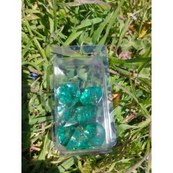 set de 7 dés pearl paillette vert , vert blanc encre verte