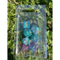 set de 7 dés pailletés verts émeraude écriture gothique encre dorée