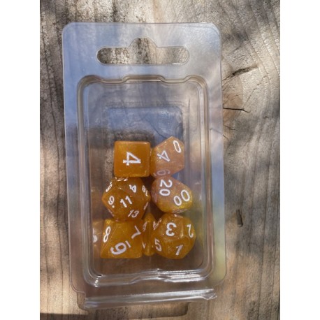 Set de 7 dés pailletés oranges écriture blanche