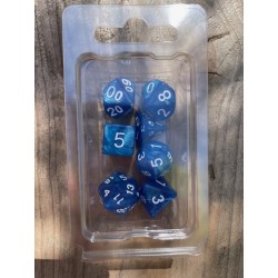 Set de 7 dés pearl pailletés bleus écriture blanche