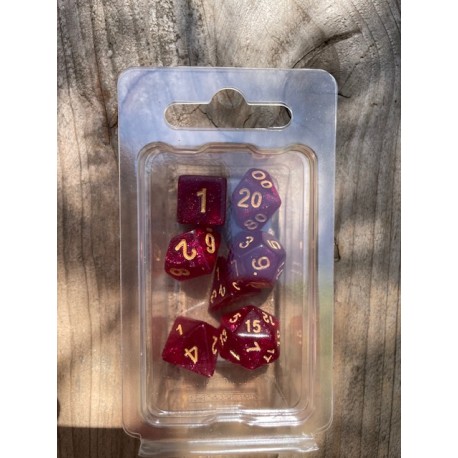 Set de 7 dés pailletés bordeaux écriture dorée