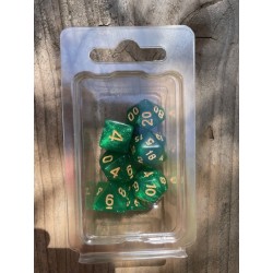Set de 7 dés pailletés vert émeraude écriture dorée