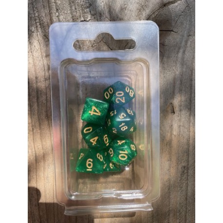 Set de 7 dés pailletés vert émeraude écriture dorée