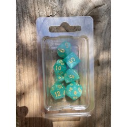 Set de 7 dés pailletés menthe glaciale écriture dorée