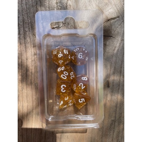 Set de 7 dés pailletés translucides or écriture blanche