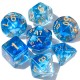 set de 7 dé bleu/translucide transparent print doré