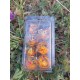 Blister kit de 7 des Résine, fleur des sables mouvants translucide paillette orange , print doré