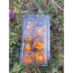 Blister kit de 7 des Résine, fleur des sables mouvants translucide paillette orange , print doré