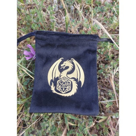 Petite bourse velour noir dragon/dé 10x8 cm