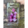 set de 7 dés pearl rose écriture blanche