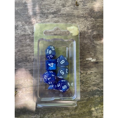 set de 7 dés pearl bleu foncé écriture blanche