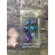 set de 7 dés pearl bleu turquoise et mauves écriture dorée
