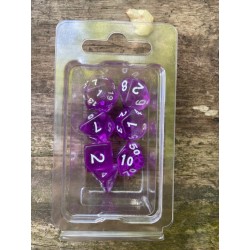 set de 7 dés mauves translucides écriture blanche