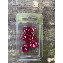 set de 7 dés rouges translucides écriture blanche