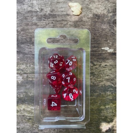 set de 7 dés rouges translucides écriture blanche