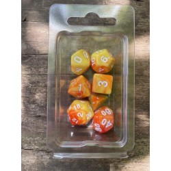 kit de 7 dés pearl orange et jaunes encre blanche