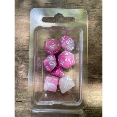 kit de 7 dés pearl rose et blancs encre blanche