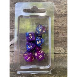 kit de 7 dés pearl bleus et violets encre dorée