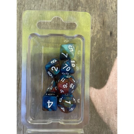set de 7 dés pearl bleu turquoise et bronze encre blanche