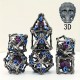 Set De 7 Dés Métalliques Creux Skull à L Intèrieur . Effet Nickel Sombre . Yeux Violet . Print Bleu